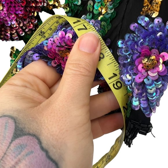 Vintage 90s Laurence Kazar Black Multicolor Floral Sequin Silk Short Sleeve Top - Picture 7 of 8